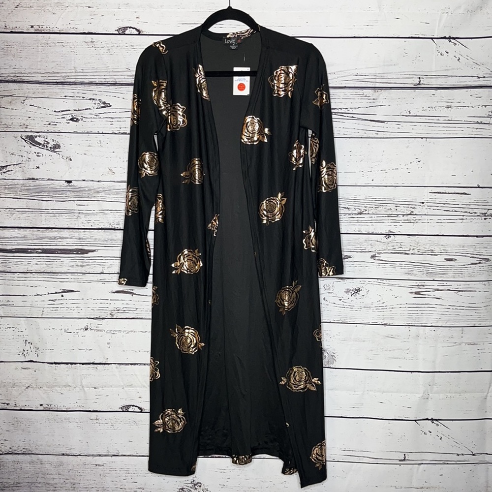Love Heart NWT Size M Black with Metallic Rose Floral Print Cardigan Jacket